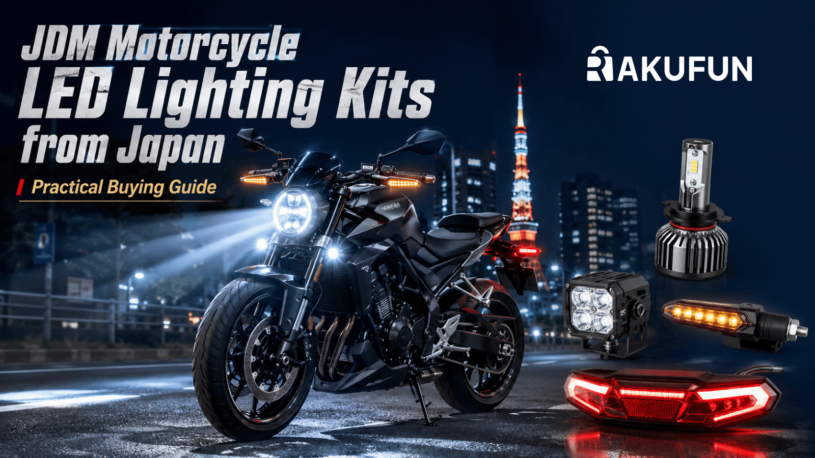 Discover top Japanese LED headlights, turn signals, and taillights for motorcycles via Rakufun.